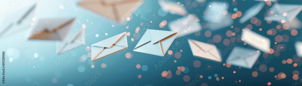 Poster dynamic scene of floating envelopes symbolizing communication, messages, and connectivity against a 