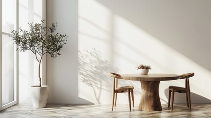 Minimalist Interior with Sunlit Wooden Dining Set and Indoor Plant in Modern Home
