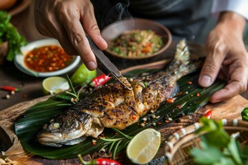 Asian chef seasoning a grilled fish with herbs and spices, Generative AI
