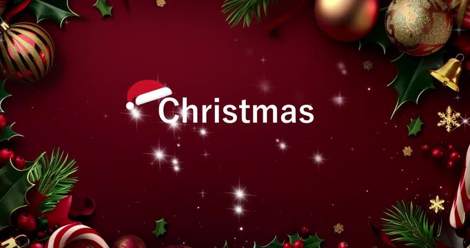 
Christmas themed background with red, gold and green color scheme. Christmas decorations such as candy canes, holly leaves and mistletoe on the left side of frame with large ornaments at the bottom 