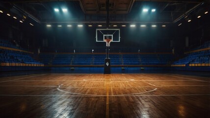 Empty basketball court under intense dramatic lighting