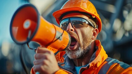 Construction worker shouting through a megaphone