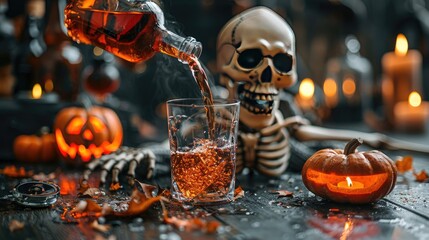 Halloween Skull Pouring Whiskey with Pumpkins and Candles in Spooky Setting
