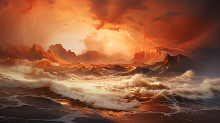 Fototapeta premium A fantastical seascape with billowing clouds of fiery orange and white waves crashing against an ethereal, mountainous horizon.
