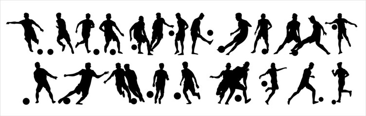 A set of football players, silhouettes of soccer players isolated on a white background