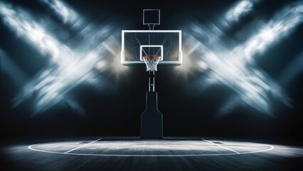 Empty basketball court under intense dramatic lighting