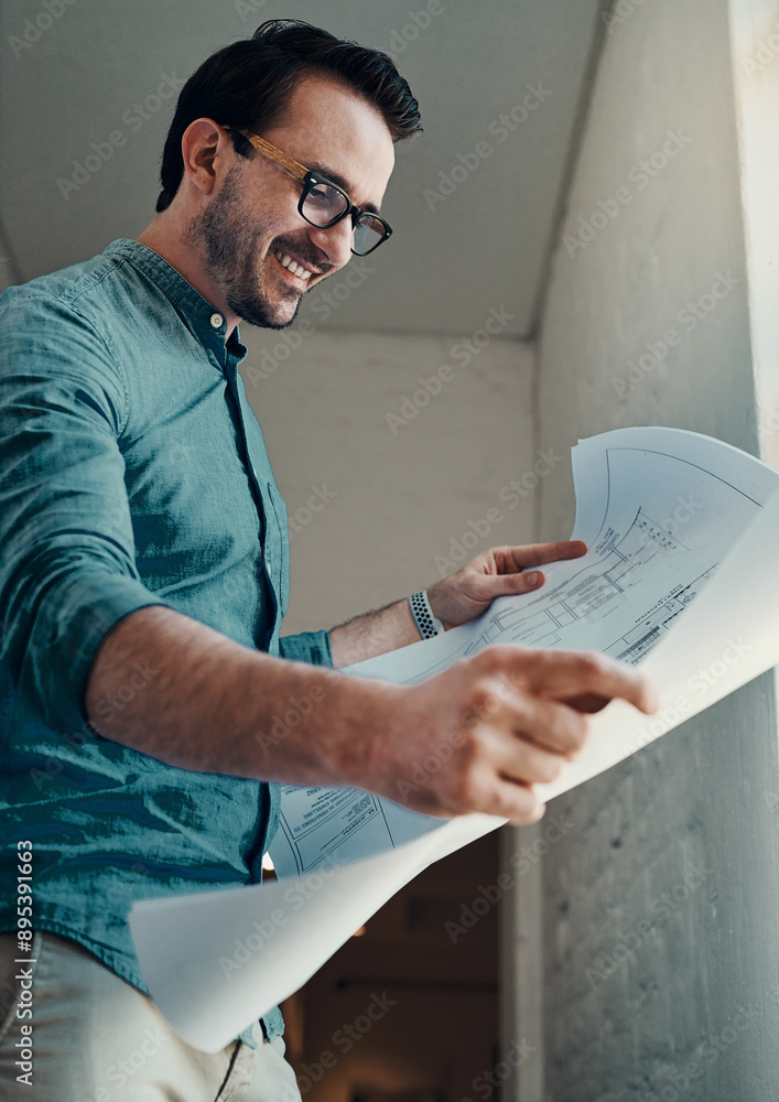Poster man, design and architecture in workshop with blueprint, drawing or floor plan for building. male pe