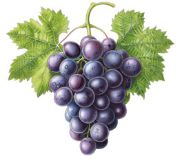 Fototapeta premium A detailed illustration of a bunch of purple grapes on green leaves, showcasing vibrant colors and natural beauty.
