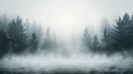 Naklejka premium A foggy forest with trees and a misty sky