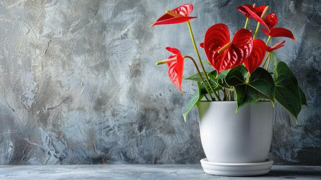 Heart-shaped Anthurium in white pot on gray background symbolizes hospitality
