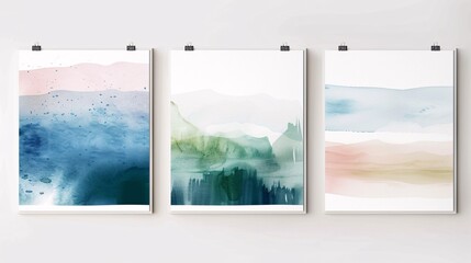 Three minimalistic abstract art posters with watercolor designs, arranged horizontally on a white wall. The posters highlight gentle washes of blue, green, and pink, blending seamlessly to form a