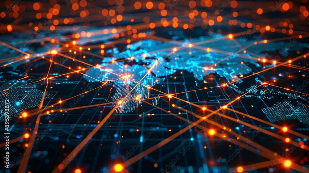 Poster a digital map illustration depicting a global network with glowing lines and nodes, representing dat