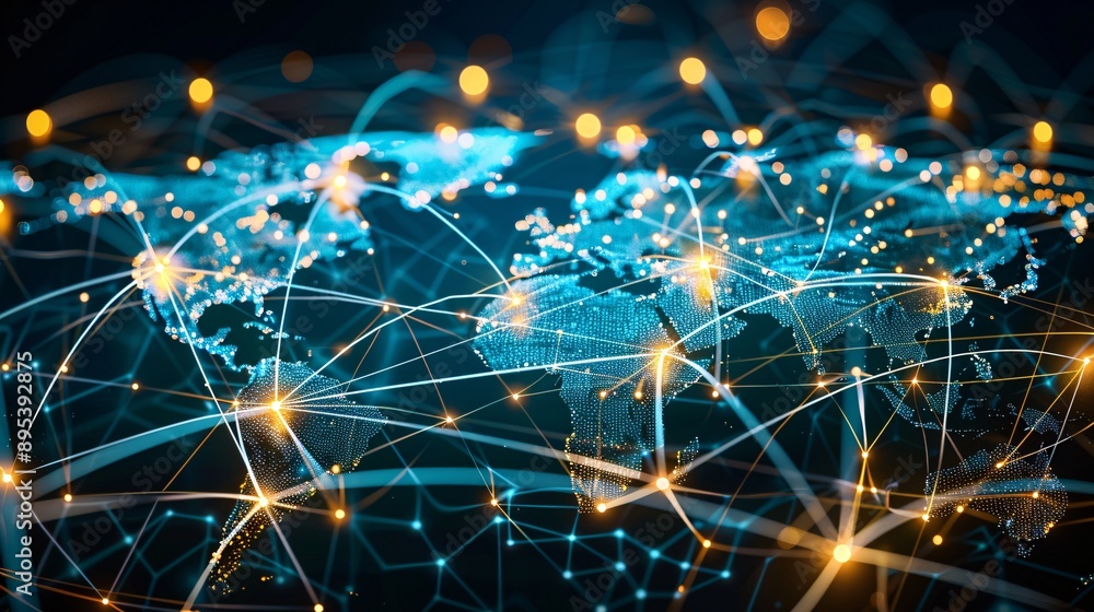 Poster an abstract global map highlighting data transfer and connectivity, with interconnected lines and br