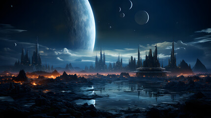 Fototapeta premium A futuristic city on a volcanic planet with a large moon and small moons in the sky.