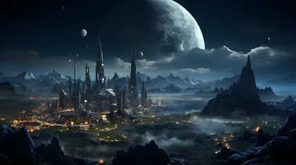 A futuristic city is nestled in a valley between towering mountain peaks, a giant moon hangs in the sky, illuminating the scene with an eerie blue light.