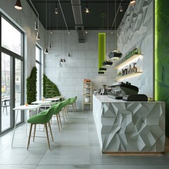 Modern coffee shop with a stylish interior featuring green accents, geometric decor, and ample natural light.