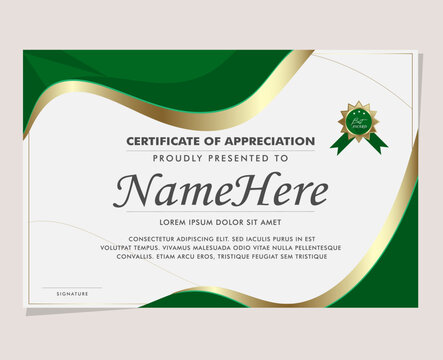 Emerald green and gold frame. certificate of appreciation template, elegant golden ribbon border, frame, card, invitation and achievement award