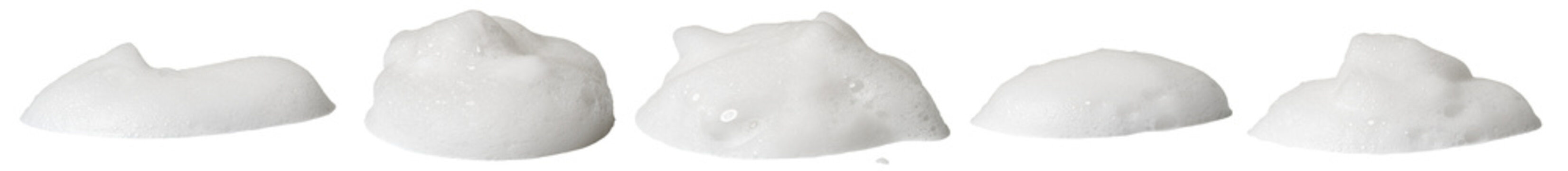 white liquid foam from soap or shampoo isolated with clipping path on background. set of detergent  shower gel bubble, white foam bubbles.