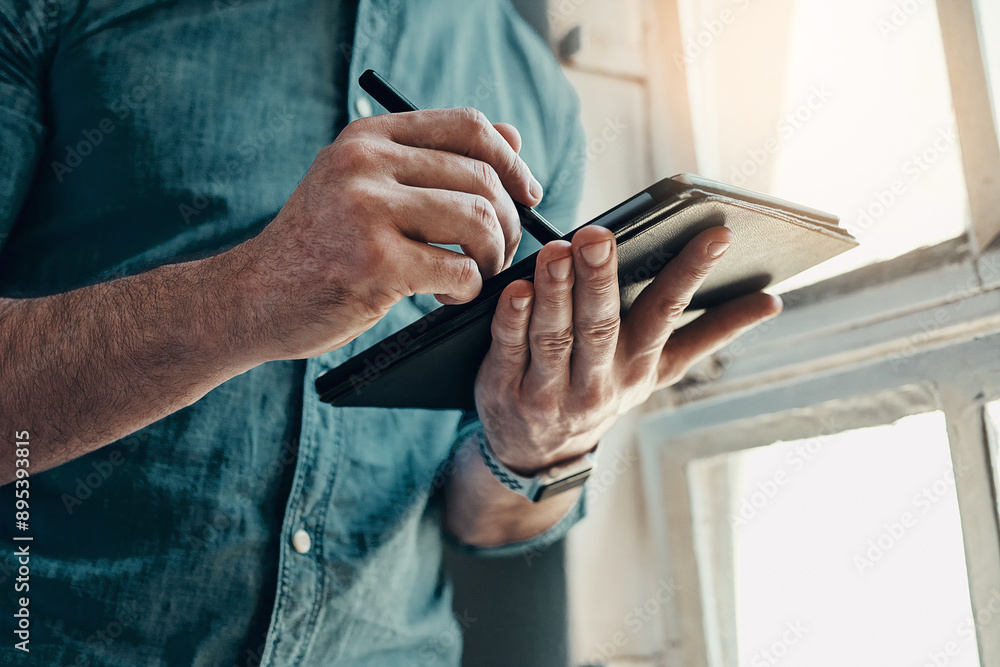 Poster tablet, businessman and hands in office for website, planning and design research. technology, pen a
