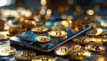 close-up of a modern smartphone propped up on a glossy surface, showing a bitcoin app, with gold bitcoin coins arranged around it, soft shadow and reflections adding depth