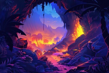 Bioluminescent Jungle Grotto with River and Lavafall