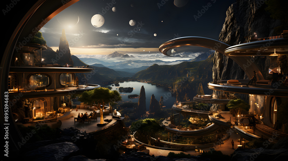 Poster a futuristic city built into the side of a mountain with a view of a lake and distant mountains. the