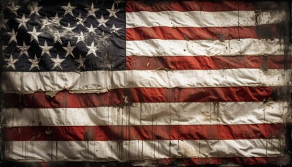 distressed black and white usa flag, frayed fabric, heavily faded, stars almost invisible, weathered stripes, dark and somber backdrop, symbolizing perseverance