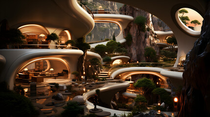 Fototapeta premium A futuristic home is built into a mountainside, with winding walkways and balconies overlooking a valley.