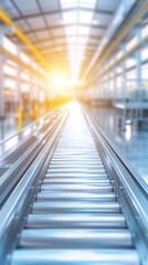 Fototapeta premium A long, empty train track with a bright sun shining through the windows