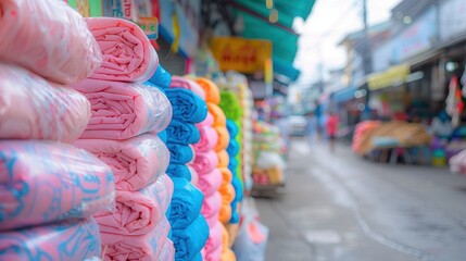 Obraz premium A colorful display of towels and blankets on a street
