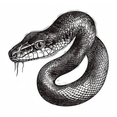 Obraz premium Black and white Vintage engraved art of a snake portrait isolated on white background, ink sketch illustration, simple vector art design, highly detailed line art, high contrasty. 