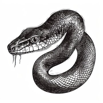 recommend clip art: Black and white Vintage engraved art of a snake portrait isolated on white background, ink sketch illustration, simple vector art design, highly detailed line art, high contrasty. 