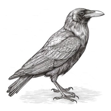 recommend clip art: Black and white Vintage engraved art of a raven, isolated on white background, ink sketch illustration, simple vector art design, highly detailed line art, high contrasty