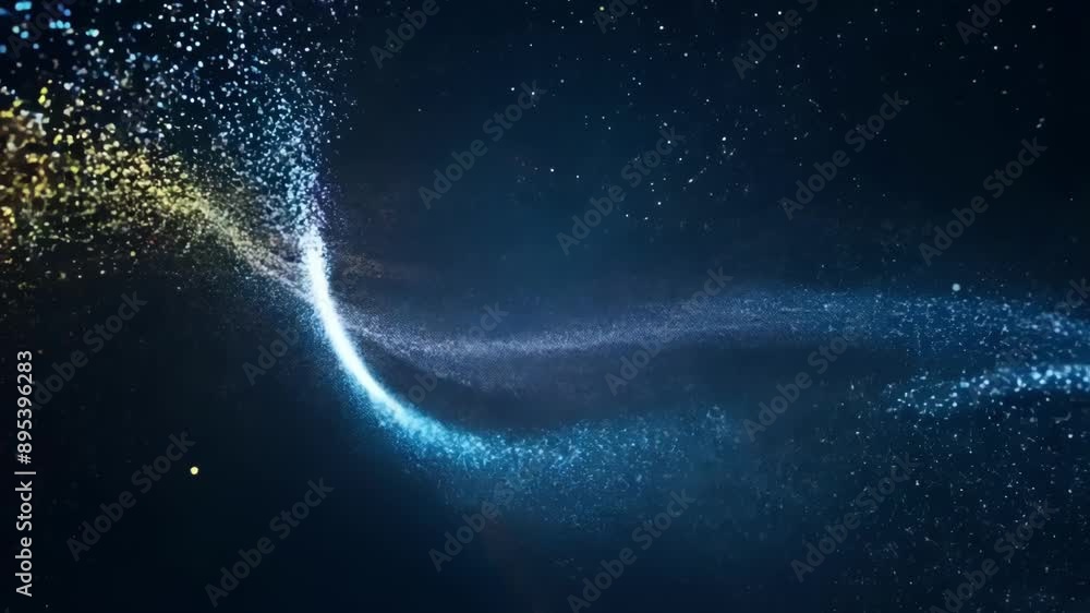 Poster brightlycolored particles glide and float across a darkened void seemingly connected by an invisible