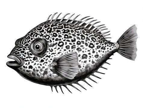 recommend clip art: Black and white Vintage engraved art of a pufferfish isolated on white background, ink sketch illustration, simple vector art design, highly detailed line art, high contrasty