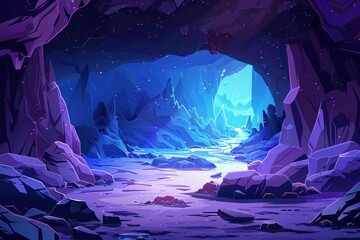 Mystical Glowing Purple Crystal Cave with Sparkling Stars and Blue River