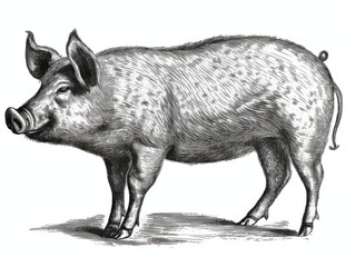 Fototapeta premium Black and white Vintage engraved art of a pig isolated on white background, ink sketch illustration, simple vector art design, highly detailed line art, high contrasty 