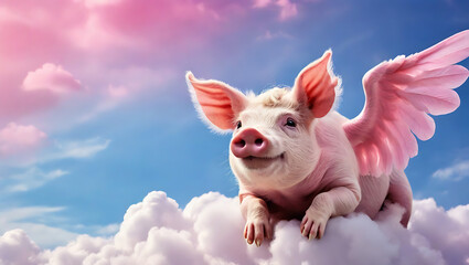 A portrait of a pink flying pig with angel like wings above clouds in the blue dreamy sky with copy space and vibrant plain backdrop
