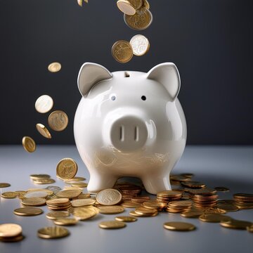 A white piggy bank surrounded by coins, symbolizing savings and financial growth in a modern setting.