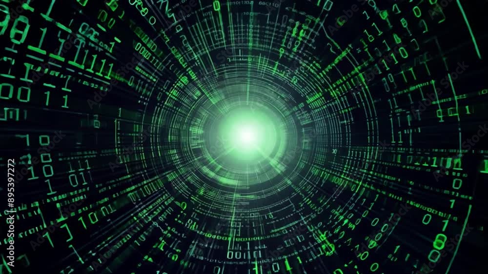 Poster A swirling tunnel of binary code with a bright light at the end.