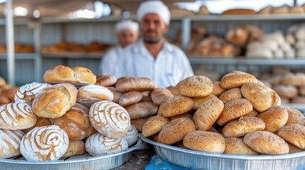 A man stands behind a table full of bread and pastries
