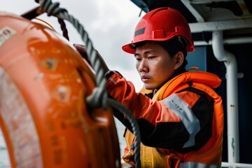 Asian seafarer conducting routine checks on life-saving equipment, Generative AI