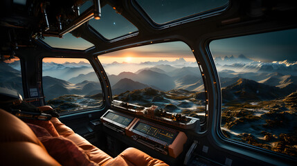 A futuristic spaceship cabin with large windows offering a breathtaking view of a mountainous landscape at sunrise. The interior features comfortable seating and a control panel.
