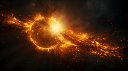 A fiery, celestial object emits an intense orange glow and shoots out streams of energy,  surrounded by a dark starry background.