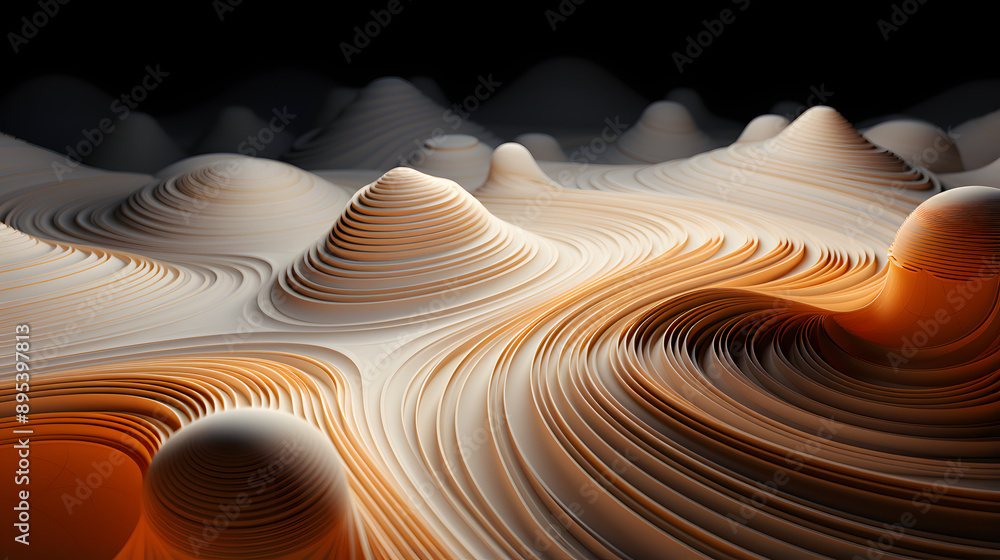 Aufkleber abstract 3d render of a wavy, circular, multi-layered surface in soft cream and brown tones. an orga