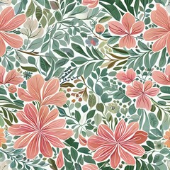 Nature-Inspired Floral Seamless Pattern with a Hibiscus Motif, Featuring a Color Palette of Pink and Green on a White Background