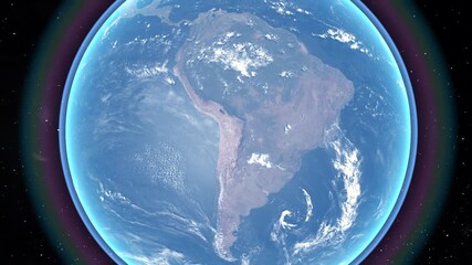 View of South America from space with Earth's curvature and atmosphere visible, daytime shot