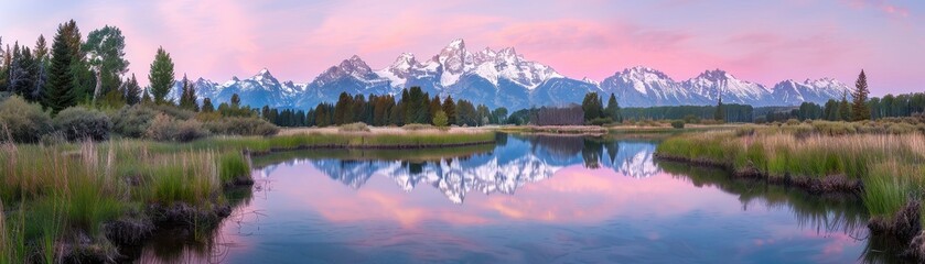 A beautiful landscape with a river and mountains in the background