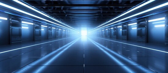 Futuristic Blue Neon Corridor with Reflective Floor