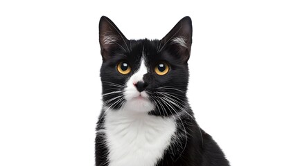 Closeup portrait happy tuxedo cat sitting isolated on white background. 